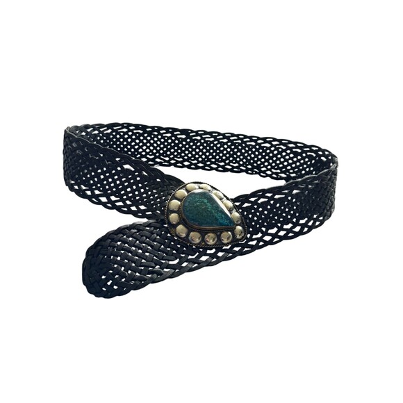 Vintage Black Braided Leather Extra Wide Statement belt Malachite Turquoise main image 11